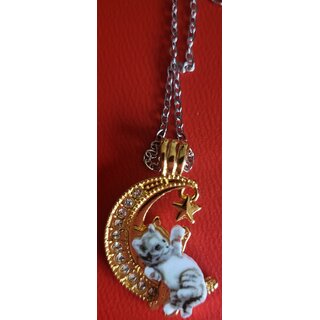 Kette mit Katze, goldfarbenem Mond und Strass